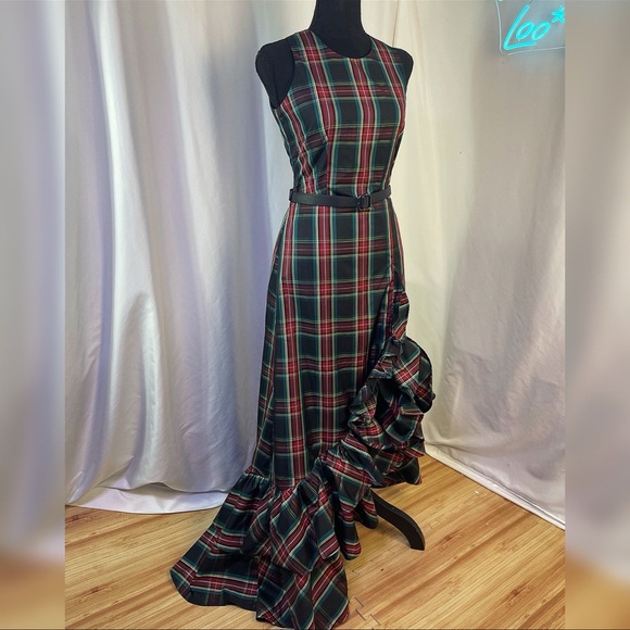 NWT Boston Proper Tartan Plaid Sleeveless High Neck Taffeta Ruffle Gown - Picture 6 of 12